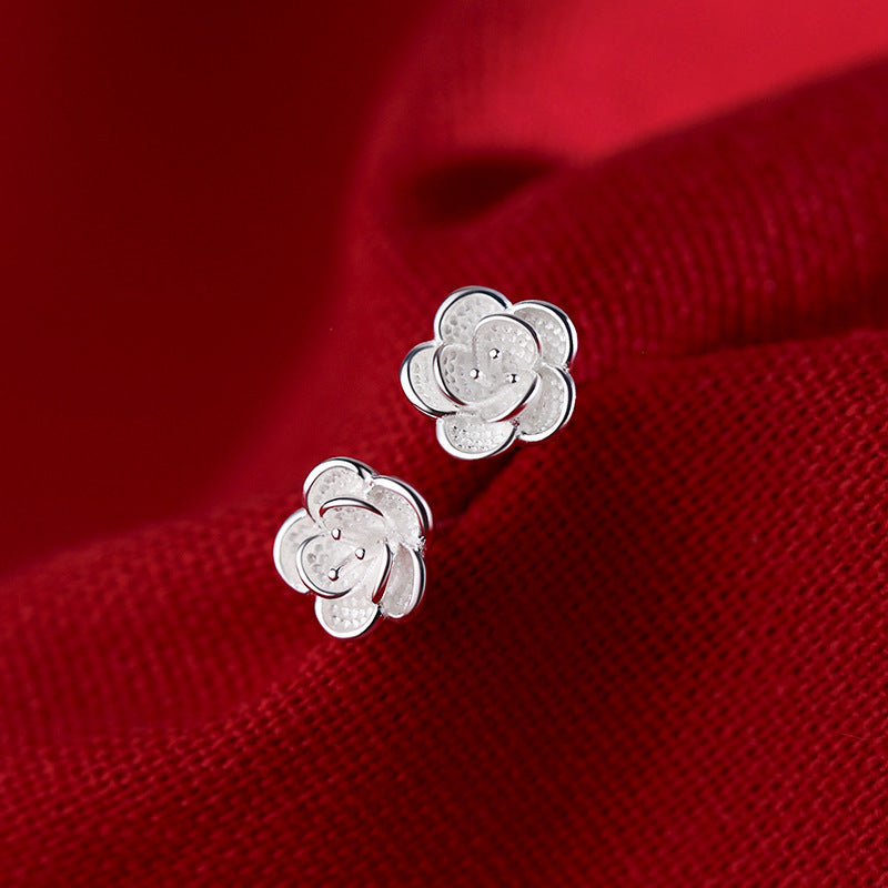 Sterling Silver Camellia Stud Earrings For Niche Women