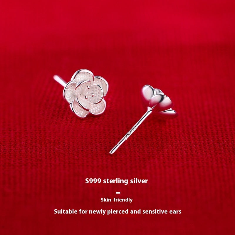 Sterling Silver Camellia Stud Earrings For Niche Women