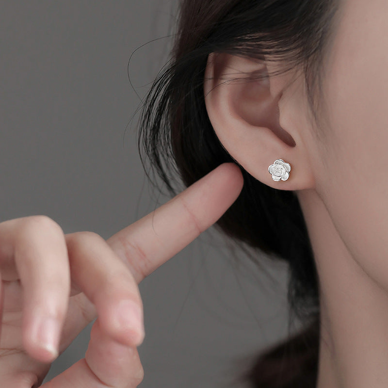 Sterling Silver Camellia Stud Earrings For Niche Women