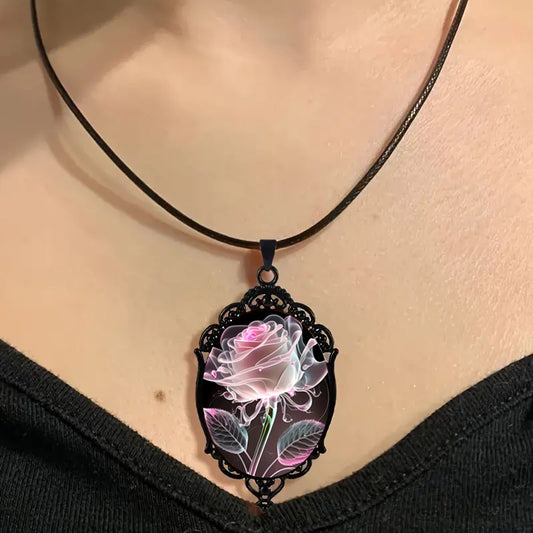 Charming Transparent Petal Rose Pattern Glass Pendant Necklace