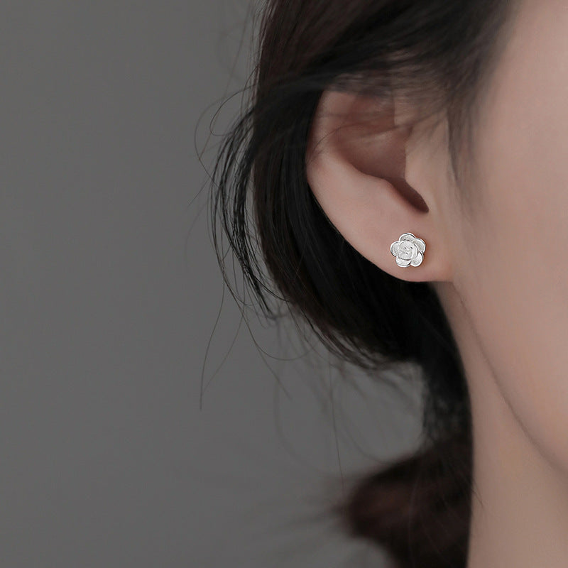 Sterling Silver Camellia Stud Earrings For Niche Women